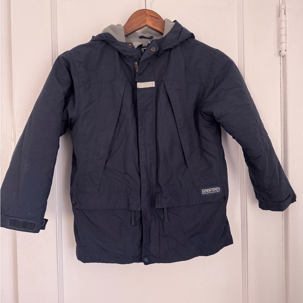 Kids Lands End Polartec Navy Winter Jacket with Hood. Size Large 6x/7